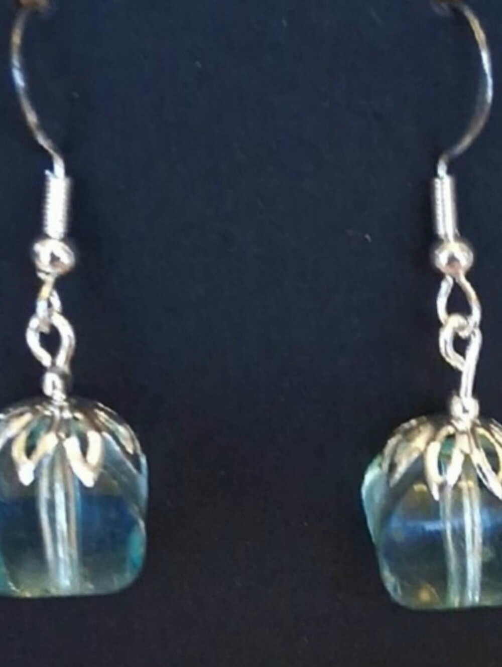 Hand Crafted With Silver Tone Glass Drop Dangle Earrings - Blue-Green